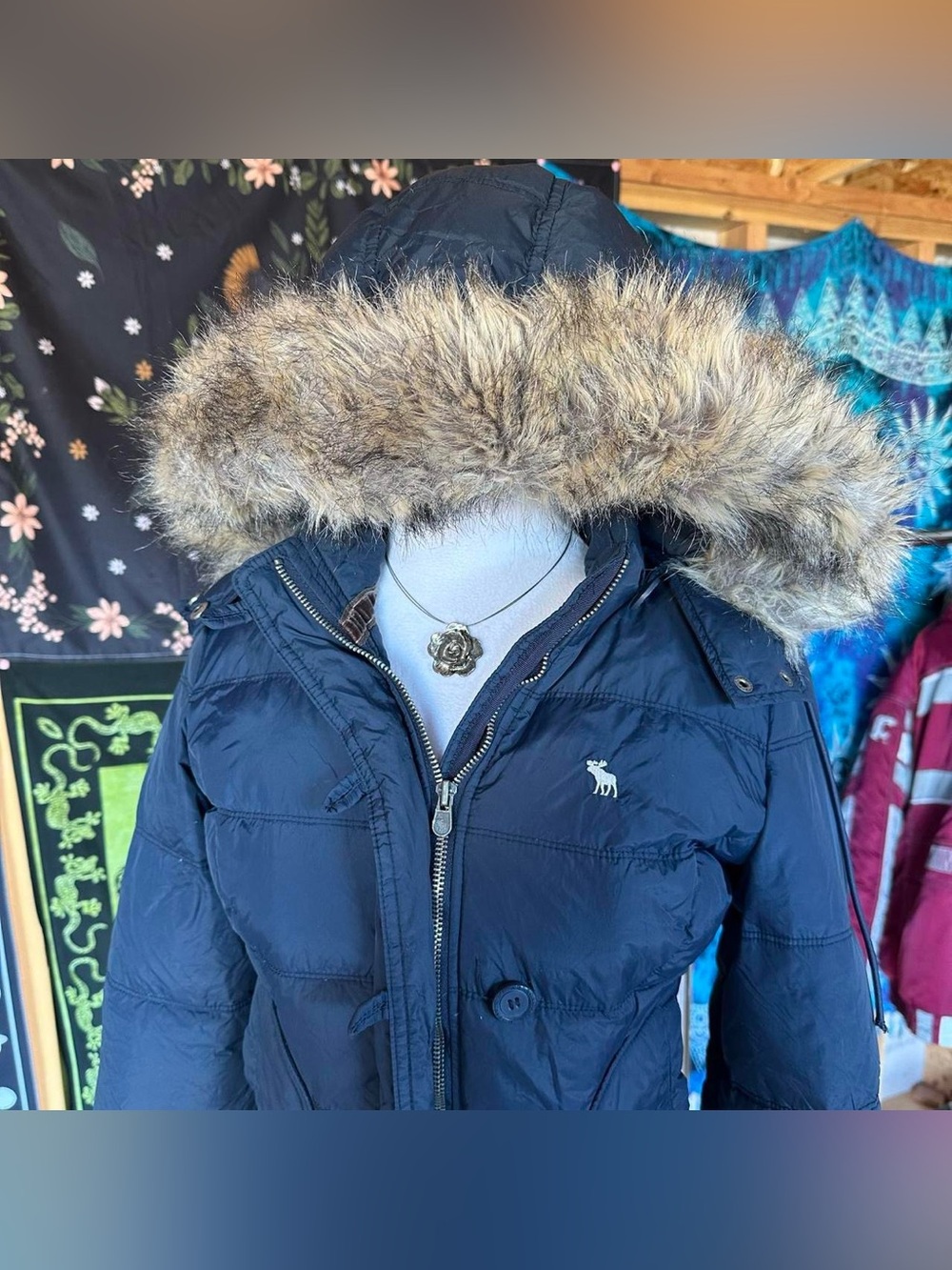 Vintage Abercrombie & Fitch Navy Blue Puffer Coat with Faux Fur Trim